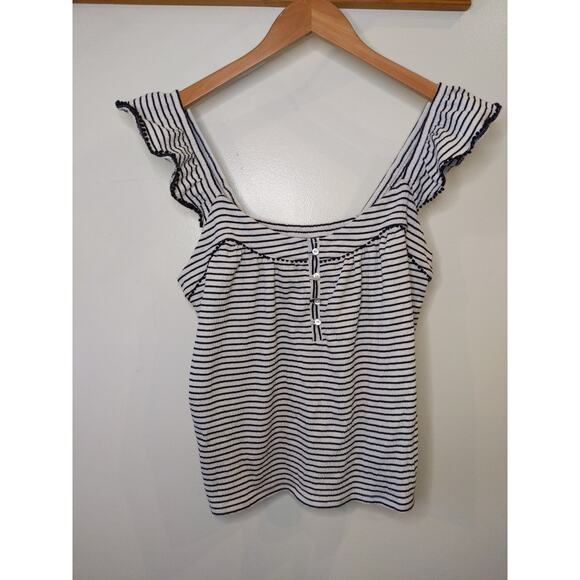 Lucky Brand Tops - Lucky Brand Women's S White Striped Ruffle Tank Top Ribbed Henley Buttons
